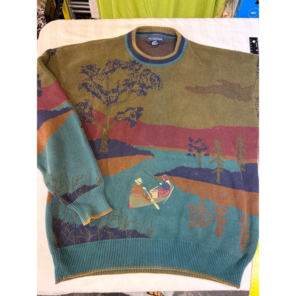Rugger by Gant Mens Vintage Fishing Scene All Over Print Cotton Sweater Large